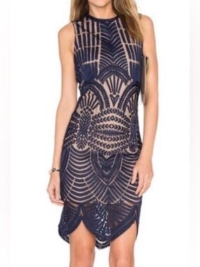 NWT Bardot Divinity Illusion Sleeveless Lace Overlay Sheath Dress Navy Blue 10